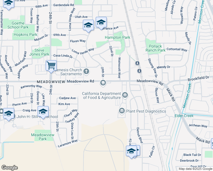 map of restaurants, bars, coffee shops, grocery stores, and more near 3100 Meadowview Road in Sacramento