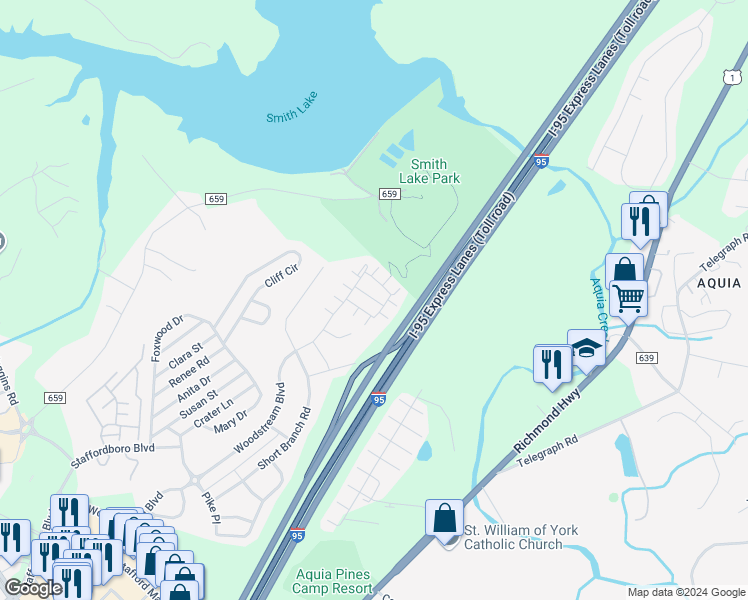 map of restaurants, bars, coffee shops, grocery stores, and more near 215 Shamrock Drive in Stafford