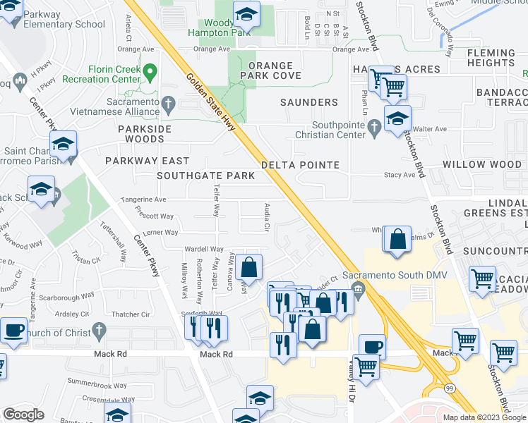 map of restaurants, bars, coffee shops, grocery stores, and more near 5981 Waterash Way in Sacramento