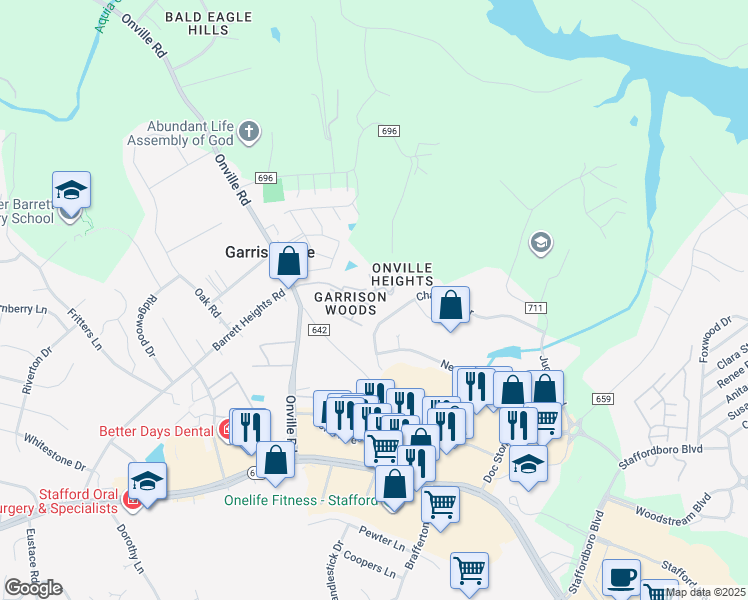 map of restaurants, bars, coffee shops, grocery stores, and more near 301 Garrison Woods Drive in Stafford