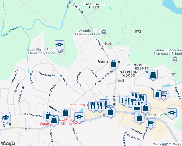 map of restaurants, bars, coffee shops, grocery stores, and more near 15 Oak Road in Stafford