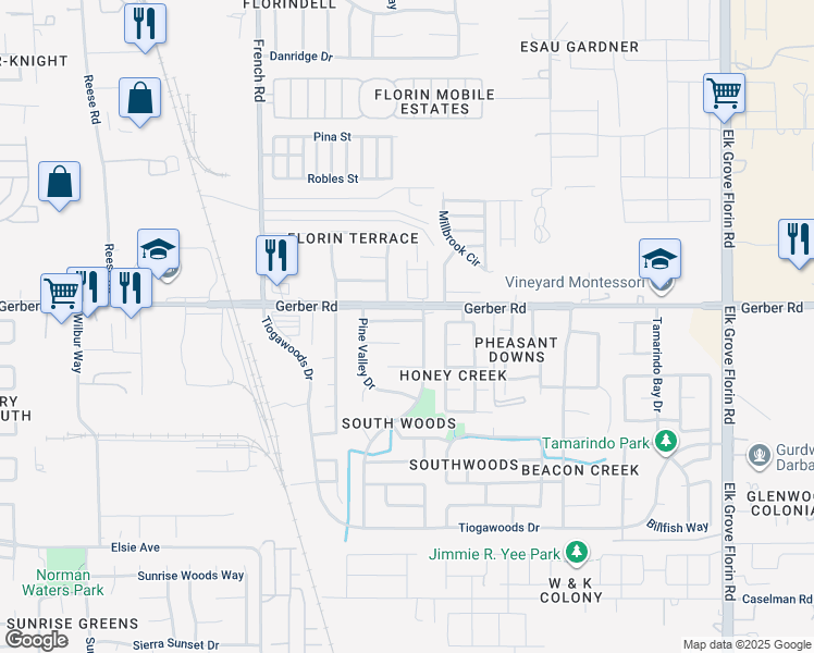 map of restaurants, bars, coffee shops, grocery stores, and more near 8628 Walnut Ridge Way in Sacramento