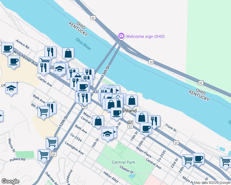 map of restaurants, bars, coffee shops, grocery stores, and more near 1500 Front Street in Ashland