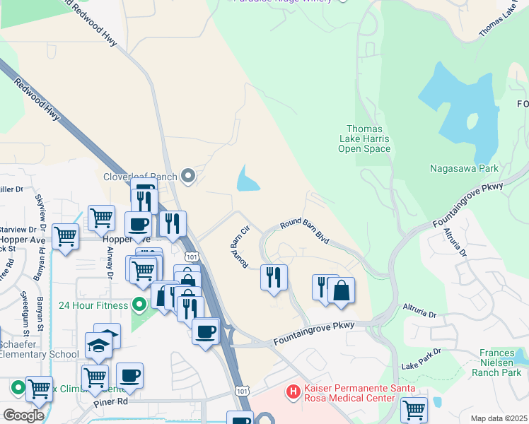 map of restaurants, bars, coffee shops, grocery stores, and more near 3585 Round Barn Boulevard in Santa Rosa