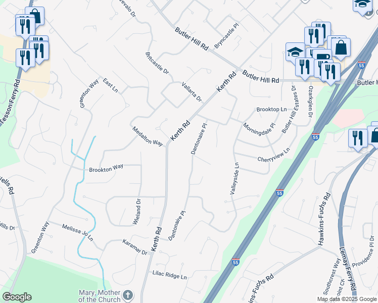 map of restaurants, bars, coffee shops, grocery stores, and more near 5471 Dantonaire Place in St. Louis