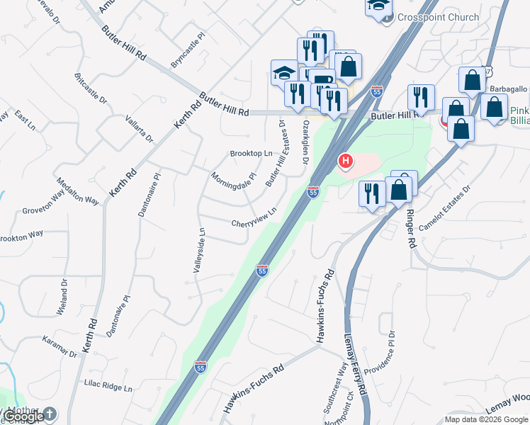map of restaurants, bars, coffee shops, grocery stores, and more near 5369 Cherryview Lane in St. Louis