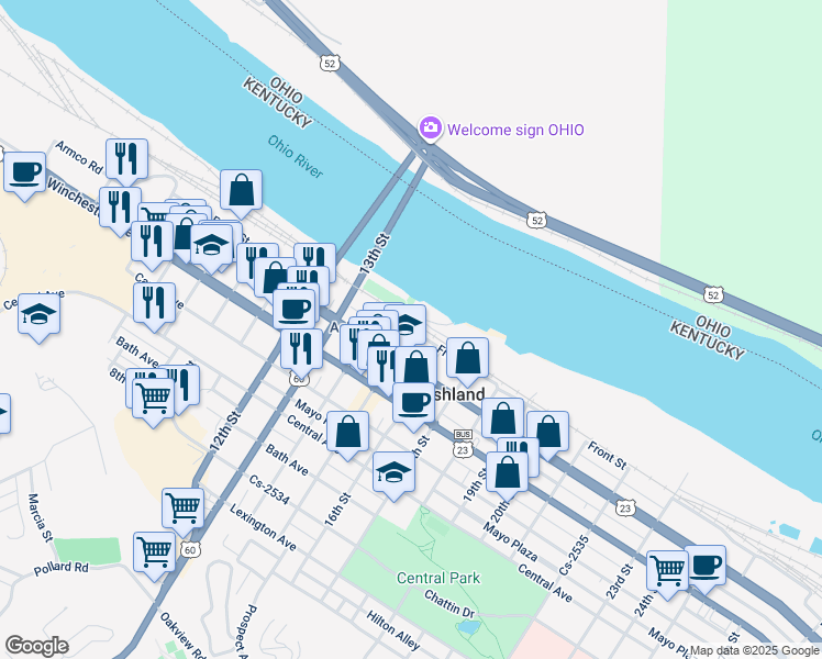 map of restaurants, bars, coffee shops, grocery stores, and more near 1500 Front Street in Ashland