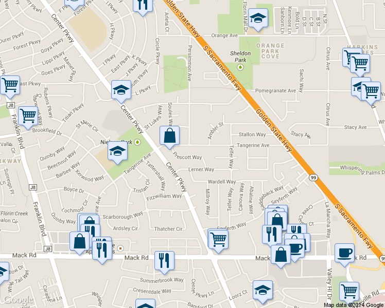 map of restaurants, bars, coffee shops, grocery stores, and more near 7631 Prescott Way in Sacramento