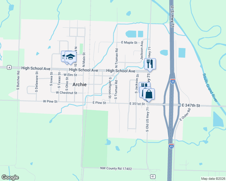 map of restaurants, bars, coffee shops, grocery stores, and more near 406 E Chestnut St in Archie