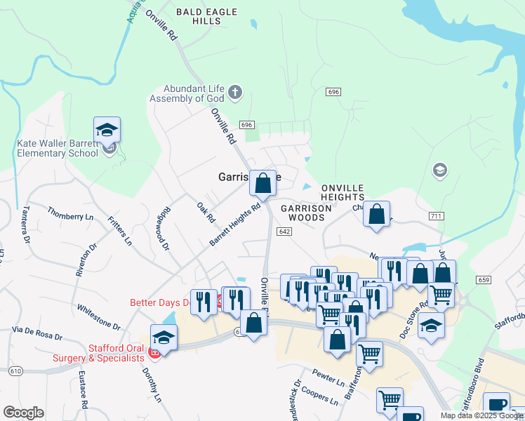 map of restaurants, bars, coffee shops, grocery stores, and more near 2 Hanson Lane in Stafford