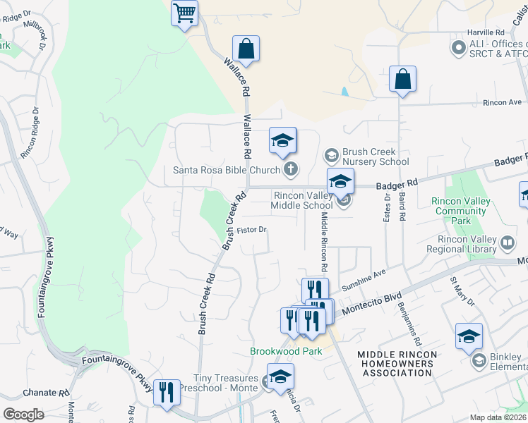 map of restaurants, bars, coffee shops, grocery stores, and more near 4529 Byrne Court in Santa Rosa