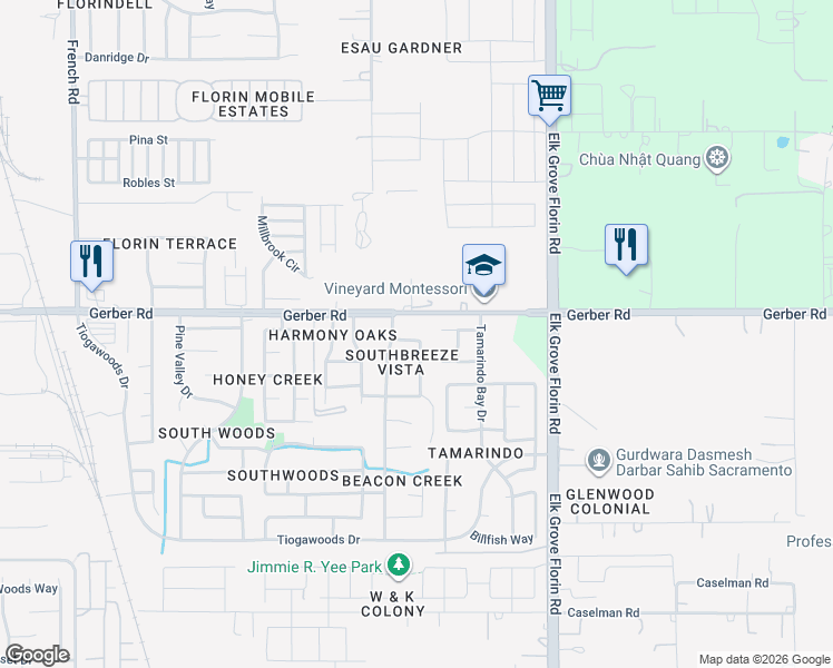 map of restaurants, bars, coffee shops, grocery stores, and more near 7609 Eastbreeze Circle in Sacramento