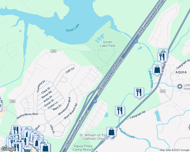 map of restaurants, bars, coffee shops, grocery stores, and more near 215 Shamrock Drive in Stafford