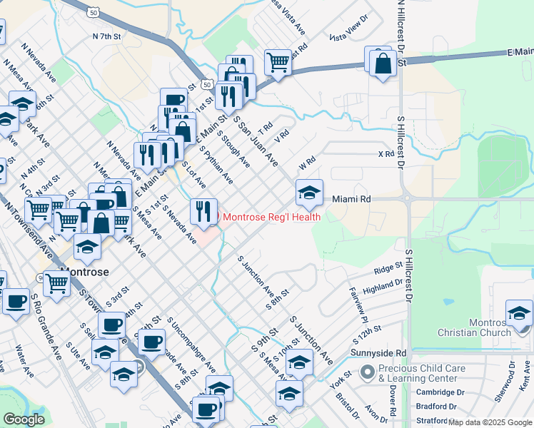 map of restaurants, bars, coffee shops, grocery stores, and more near 1101 South 5th Street in Montrose