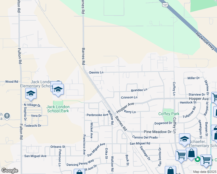 map of restaurants, bars, coffee shops, grocery stores, and more near 1775 Brandee Lane in Santa Rosa