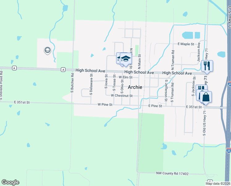map of restaurants, bars, coffee shops, grocery stores, and more near 306 West Chestnut Street in Archie