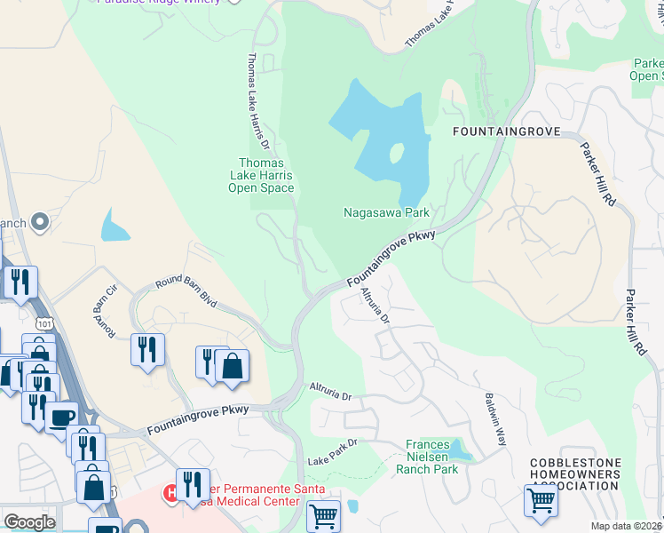 map of restaurants, bars, coffee shops, grocery stores, and more near 2044 Stonefield Lane in Santa Rosa