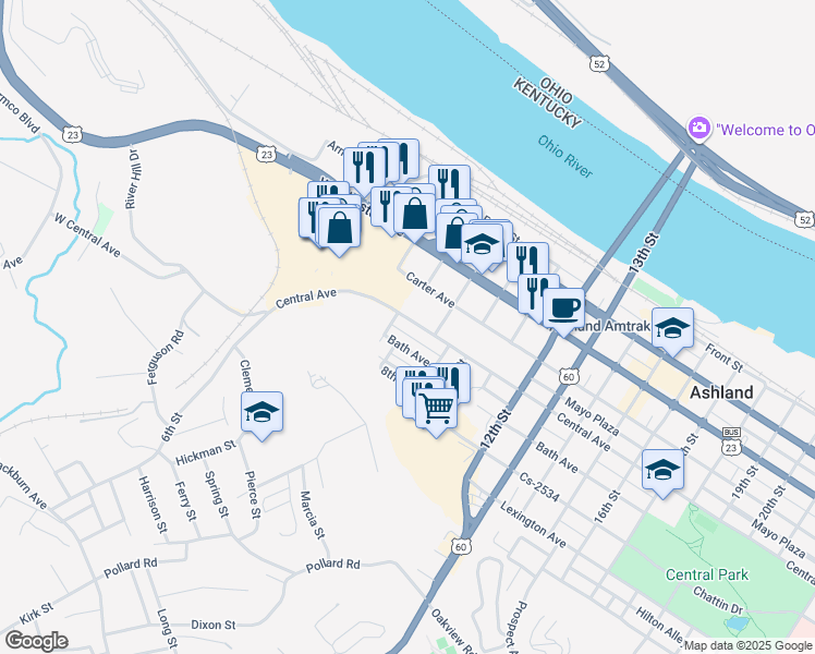 map of restaurants, bars, coffee shops, grocery stores, and more near 822 Central Avenue in Ashland