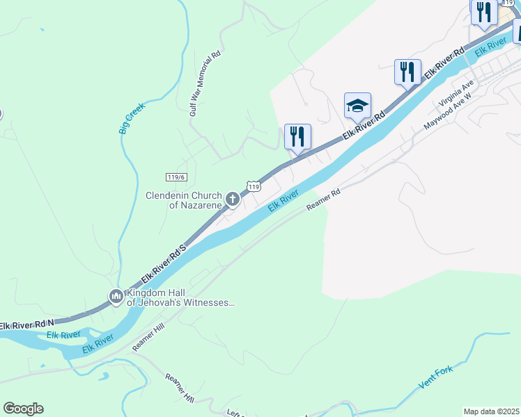 map of restaurants, bars, coffee shops, grocery stores, and more near 109 Kelly Street in Clendenin