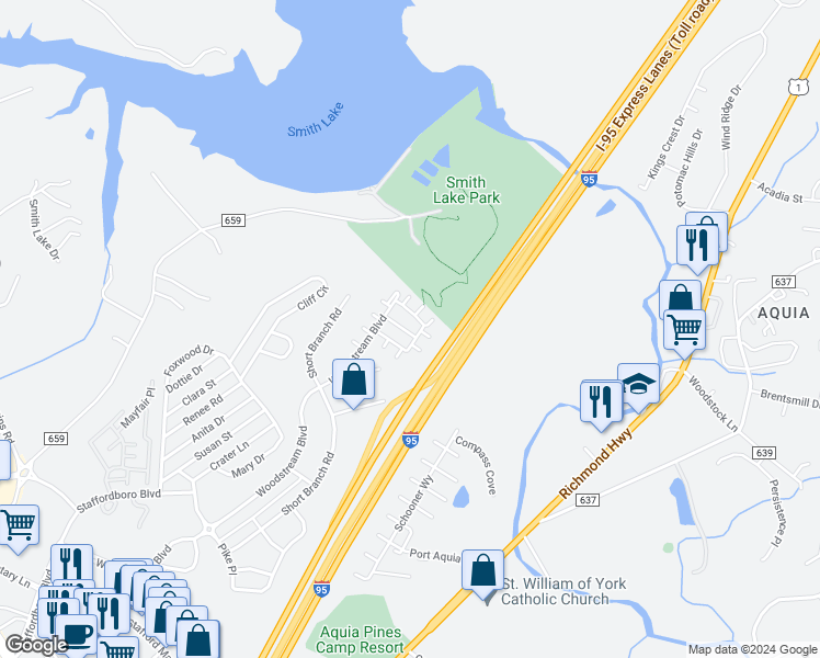 map of restaurants, bars, coffee shops, grocery stores, and more near 209 Shamrock Drive in Stafford