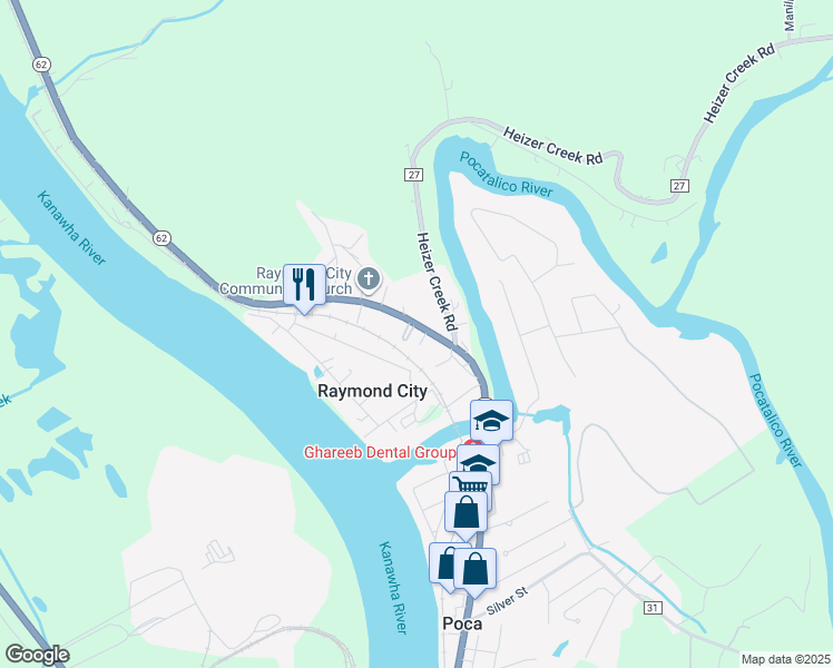 map of restaurants, bars, coffee shops, grocery stores, and more near 3321 Charleston Road in Poca