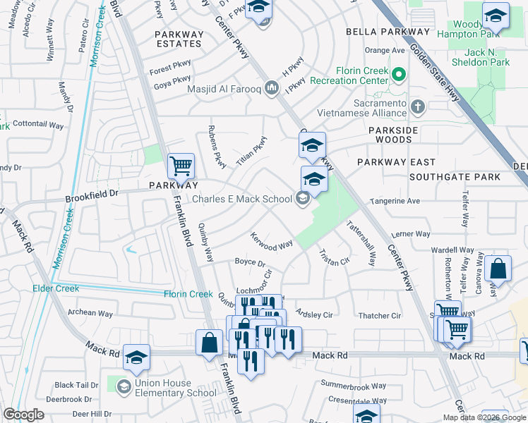 map of restaurants, bars, coffee shops, grocery stores, and more near 4690 Brookfield Drive in Sacramento
