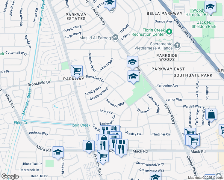 map of restaurants, bars, coffee shops, grocery stores, and more near 4690 Brookfield Drive in Sacramento