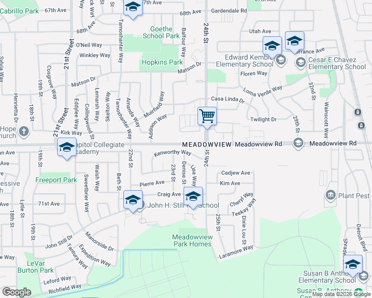 map of restaurants, bars, coffee shops, grocery stores, and more near 2331 Kenworthy Way in Sacramento