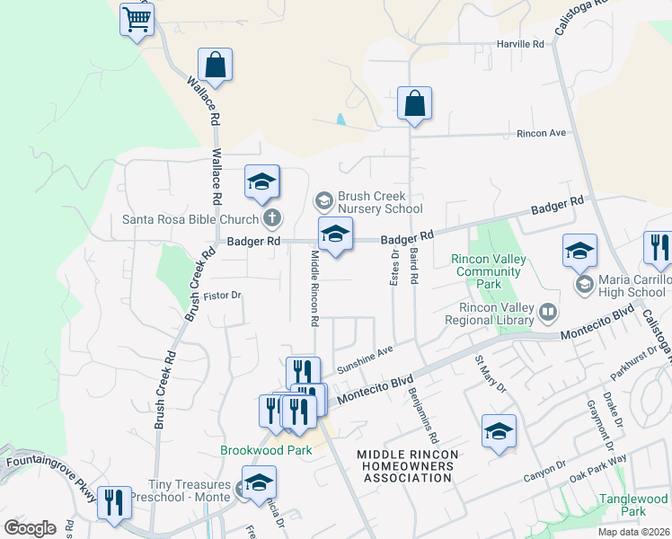 map of restaurants, bars, coffee shops, grocery stores, and more near 4650 Badger Road in Santa Rosa