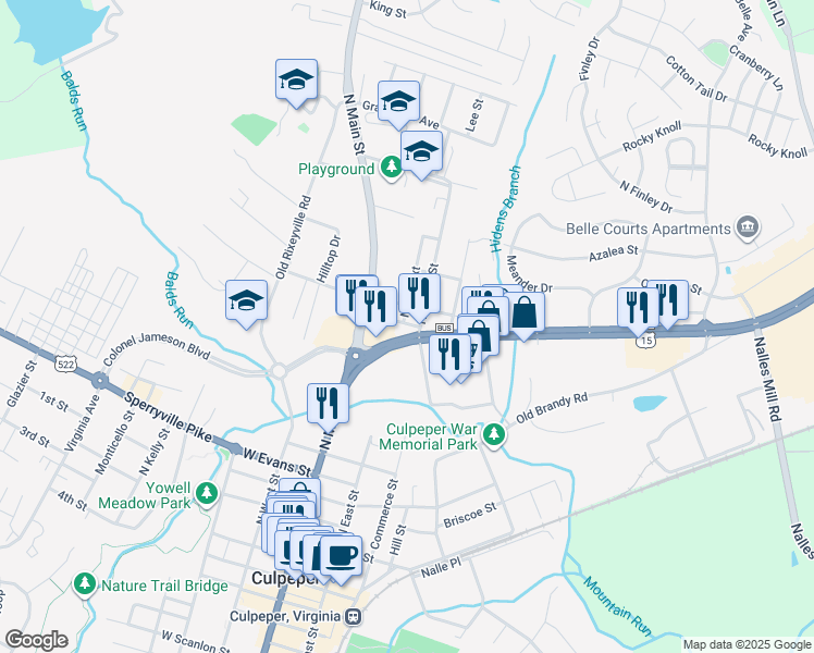 map of restaurants, bars, coffee shops, grocery stores, and more near 150 James Madison Highway in Culpeper