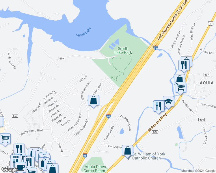 map of restaurants, bars, coffee shops, grocery stores, and more near 211 Shamrock Drive in Stafford