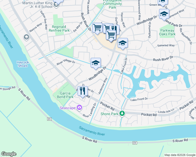 map of restaurants, bars, coffee shops, grocery stores, and more near 7622 Kavooras Drive in Sacramento