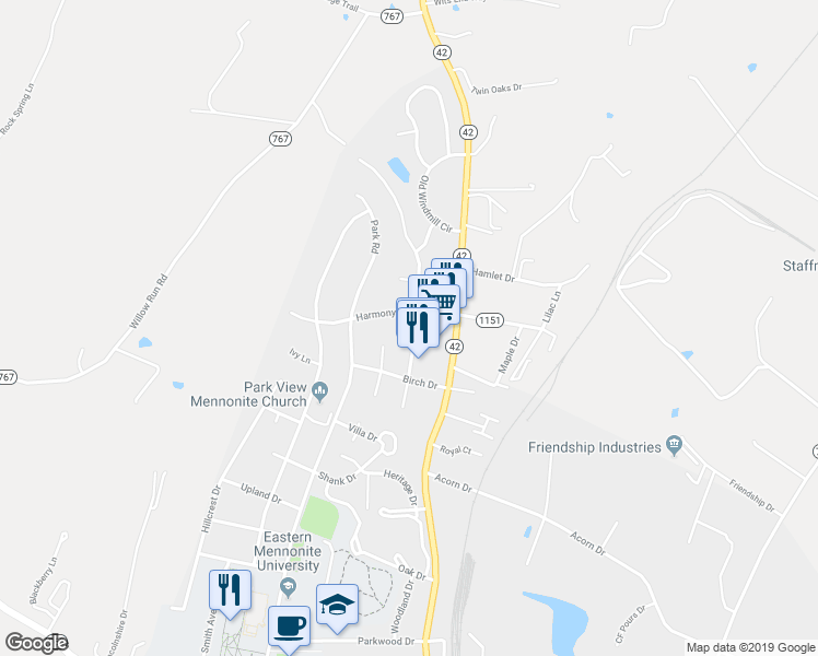 map of restaurants, bars, coffee shops, grocery stores, and more near 1757 Buttonwood Court in Harrisonburg