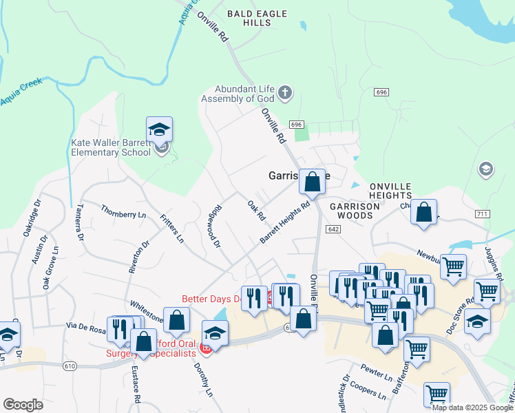 map of restaurants, bars, coffee shops, grocery stores, and more near 20 Aquia Avenue in Stafford
