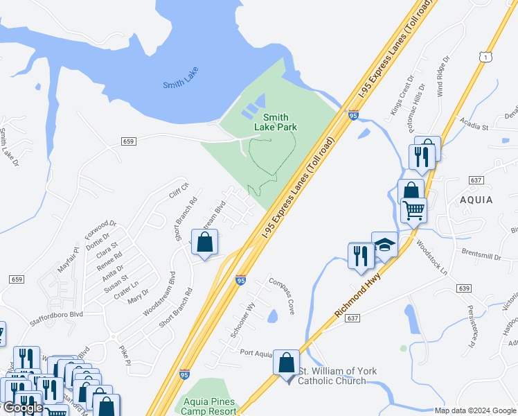 map of restaurants, bars, coffee shops, grocery stores, and more near 108 Conestoga Lane in Stafford Courthouse