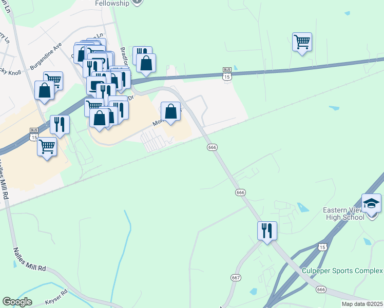 map of restaurants, bars, coffee shops, grocery stores, and more near 16014 Braggs Corner Road in Culpeper