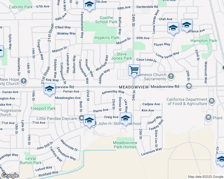 map of restaurants, bars, coffee shops, grocery stores, and more near 2295 Kenworthy Way in Sacramento