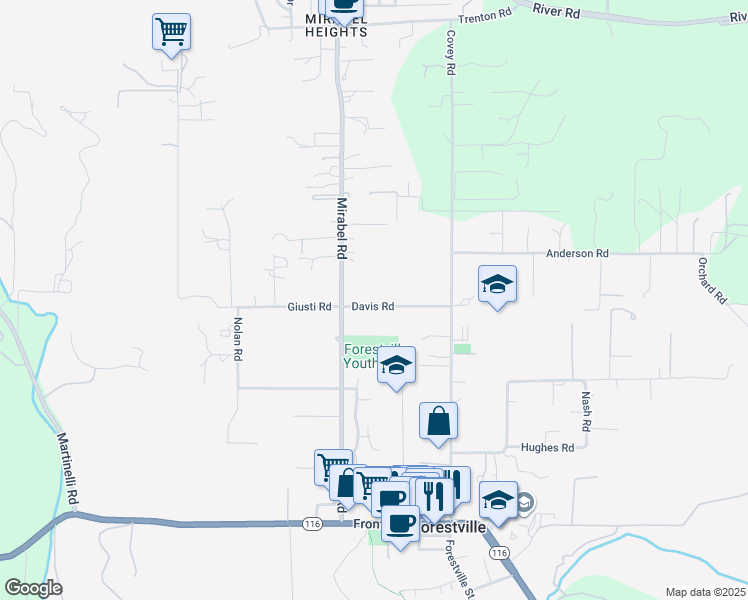 map of restaurants, bars, coffee shops, grocery stores, and more near 6660 Davis Road in Forestville