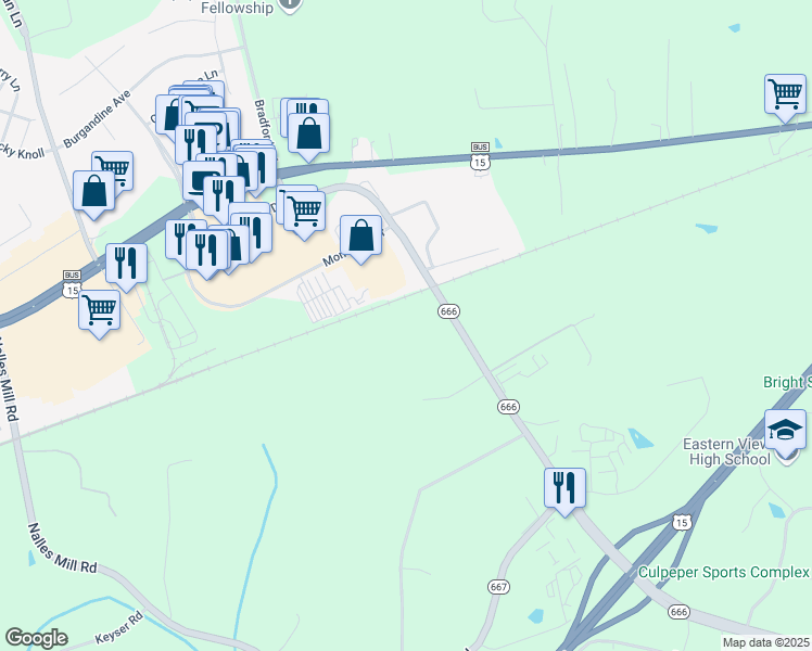 map of restaurants, bars, coffee shops, grocery stores, and more near 16014 Braggs Corner Road in Culpeper