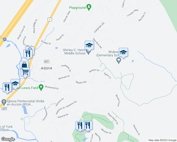 map of restaurants, bars, coffee shops, grocery stores, and more near 30 Runyon Drive in Stafford