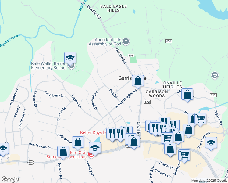map of restaurants, bars, coffee shops, grocery stores, and more near 20 Aquia Avenue in Stafford
