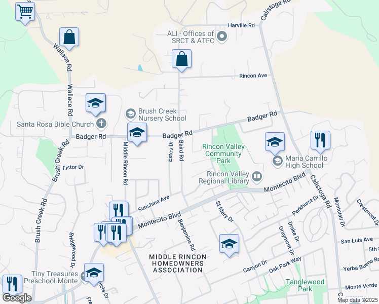 map of restaurants, bars, coffee shops, grocery stores, and more near 1065 Badger Court in Santa Rosa