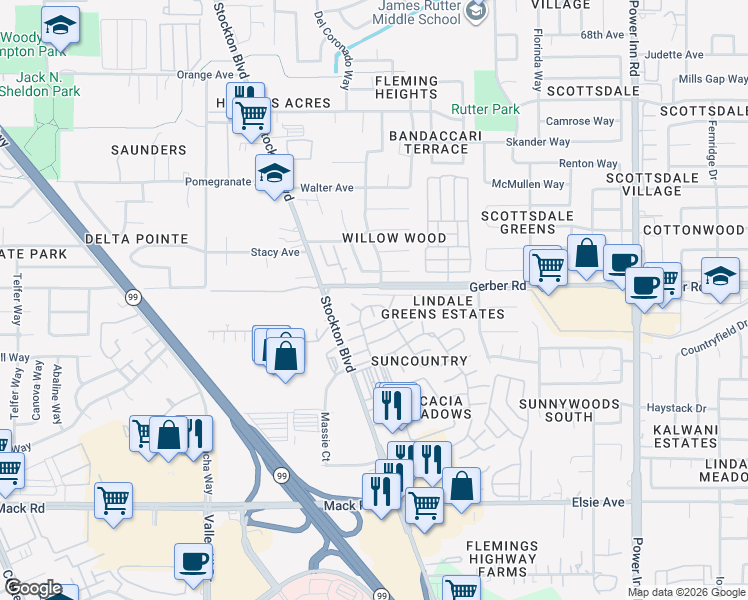 map of restaurants, bars, coffee shops, grocery stores, and more near 7619 Sunvaught Lane in Sacramento