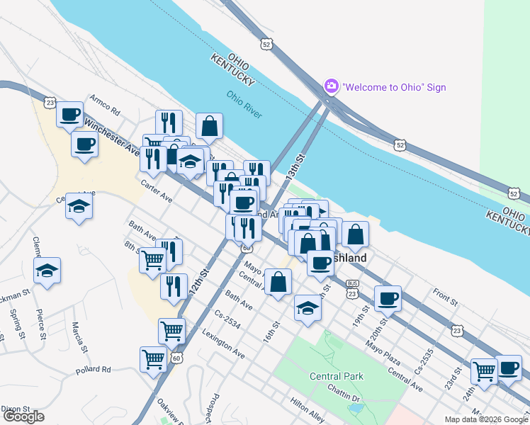 map of restaurants, bars, coffee shops, grocery stores, and more near 201 13th Street in Ashland