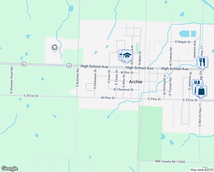 map of restaurants, bars, coffee shops, grocery stores, and more near 306 South Iowa Street in Archie