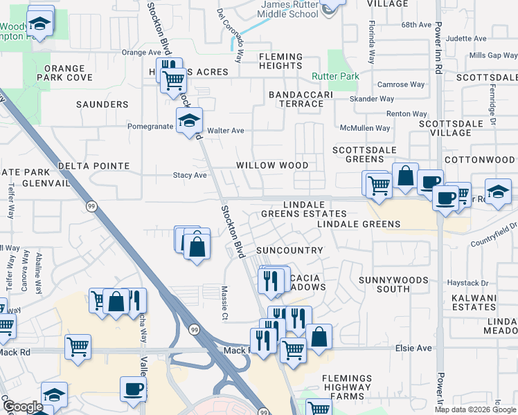 map of restaurants, bars, coffee shops, grocery stores, and more near 7619 Sunvaught Lane in Sacramento