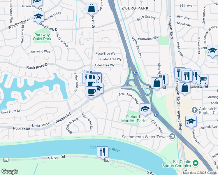 map of restaurants, bars, coffee shops, grocery stores, and more near 12 Paisan Court in Sacramento