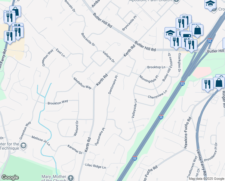 map of restaurants, bars, coffee shops, grocery stores, and more near 5471 Dantonaire Place in St. Louis
