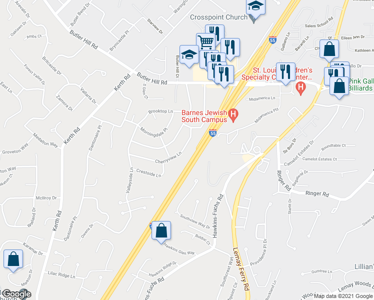 map of restaurants, bars, coffee shops, grocery stores, and more near 5342 Cherryview Lane in St. Louis