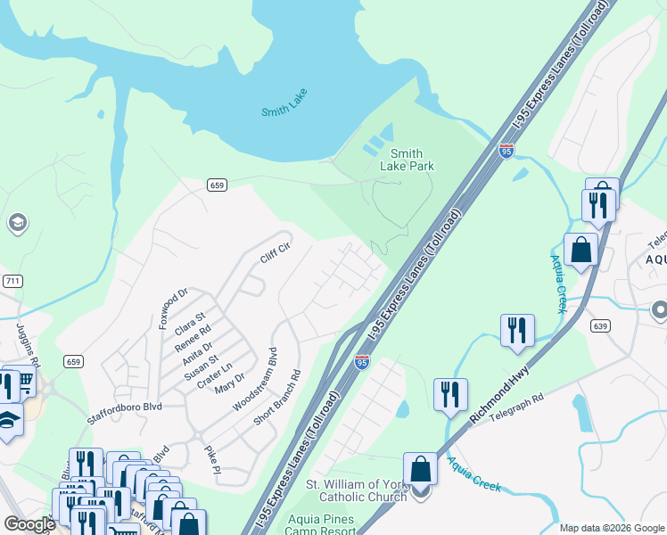 map of restaurants, bars, coffee shops, grocery stores, and more near 100 Nestor's Place in Stafford